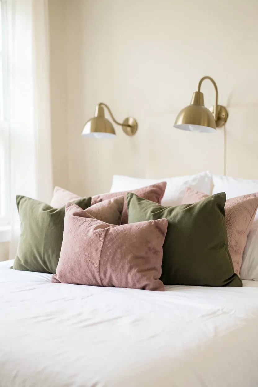 Bedroom with olive green painted ceiling and soft cream walls creating a cocooning, intimate atmosphere with white crown molding