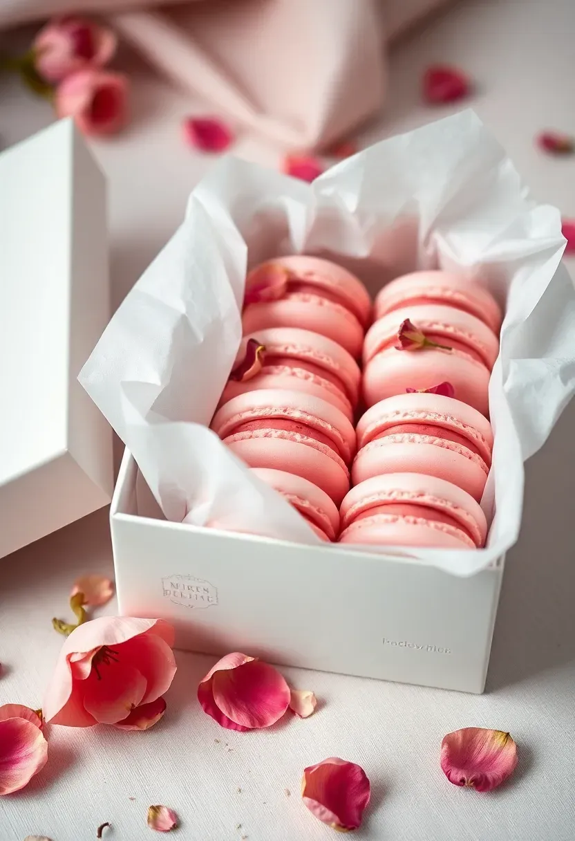 delicate pink rose petal French macarons with raspberry filling arranged in a gift box with tissue paper