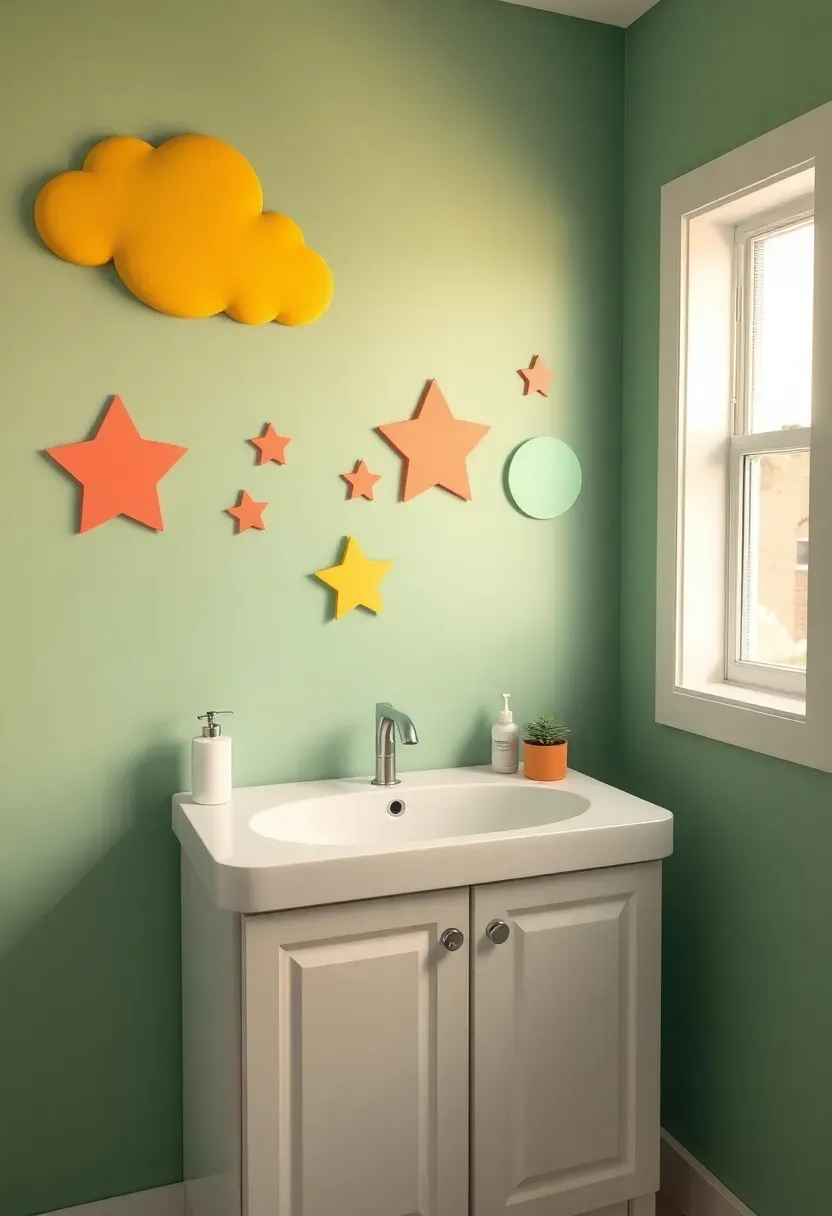 Whimsical vinyl wall decals with cartoon clouds and stars above a bathroom toilet, renter-friendly