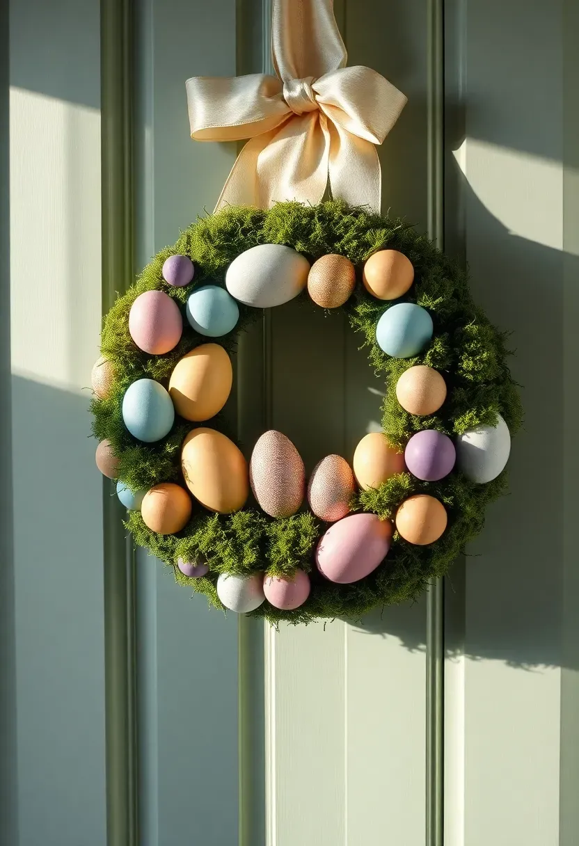 pastel Easter egg wreath with speckled eggs in pink blue and yellow on a spring green door