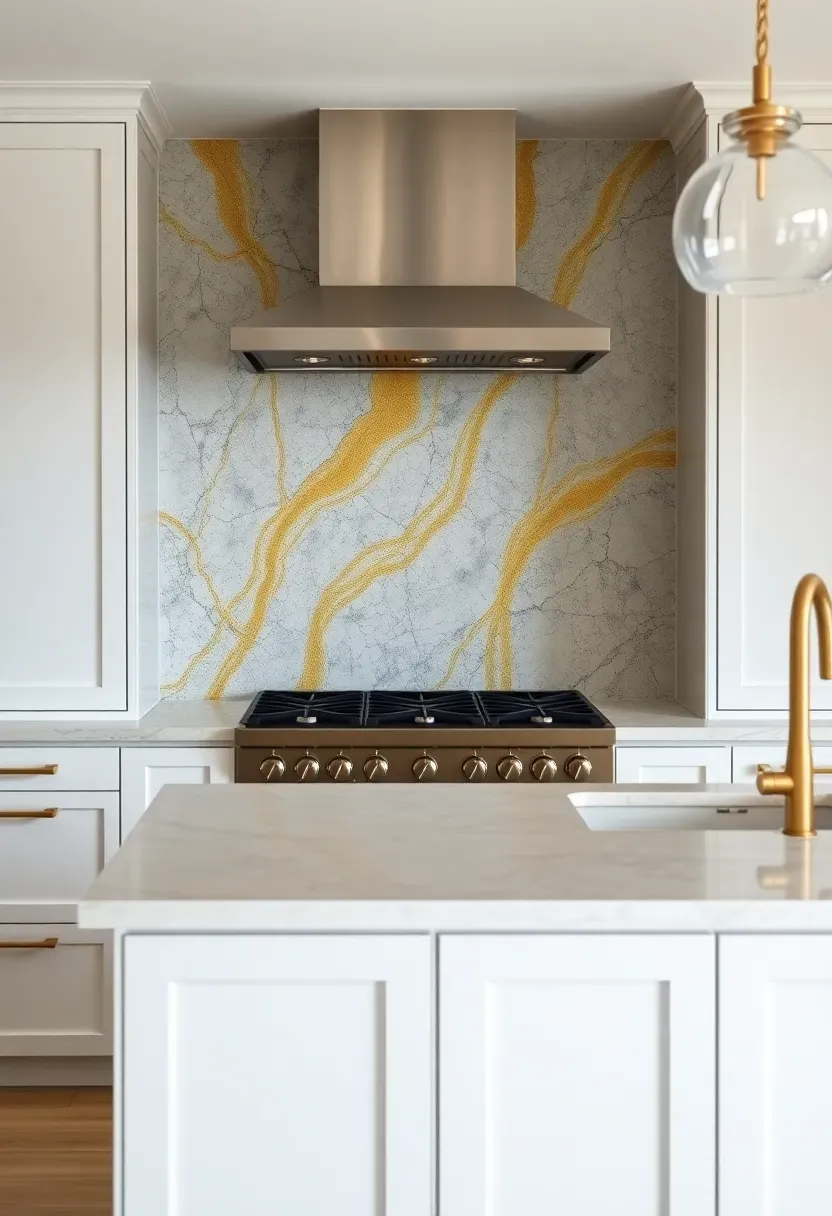 quartzite slab backsplash behind stove with dramatic gold and white veining waterfall edge to countertop in luxury kitchen