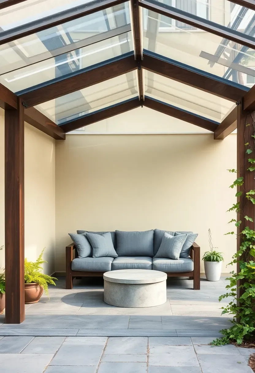 A lean-to gazebo attached to a house exterior wall with a sloped polycarbonate roof, three open sides, comfortable outdoor sofa and coffee table underneath, potted plants along the edges