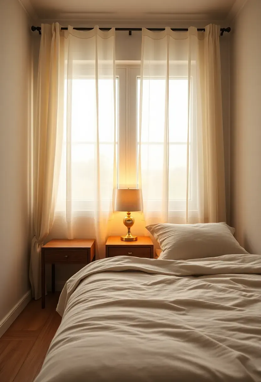 Small bedroom in morning light with sheer curtain panels pulled to the side, warm table lamp glowing on the nightstand, and light reflecting off pale walls