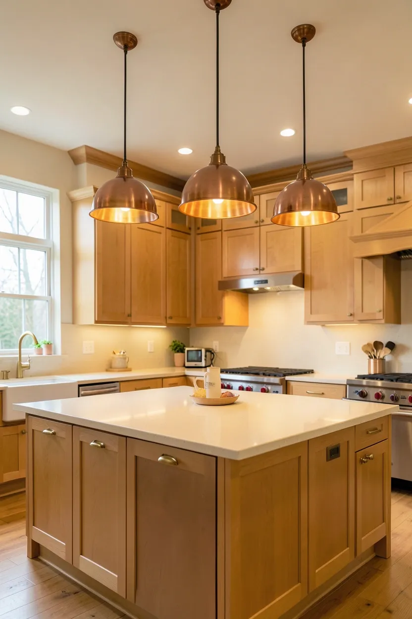 Hyper-realistic wide shot of a fall kitchen with copper pendant lighting cluster. Three copper pendant lights with domed shades hang at varying heights over large island. Copper surfaces show warm patina with golden reflections. Light oak shaker cabinetry throughout. Warm cream quartz countertop. Brass hardware complements copper tones. Warm ambient lighting reflects from copper surfaces. Natural light from windows. Clean surfaces. No text, no logos, no watermarks.</p>