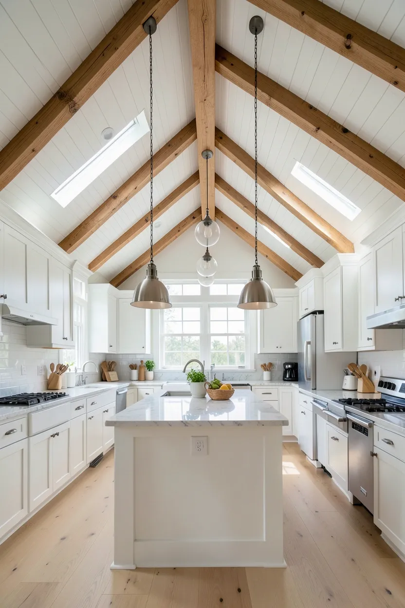 Airy coastal kitchen with vaulted ceilings, exposed natural wood beams, skylights, and oversized pendant chandelier over the island
