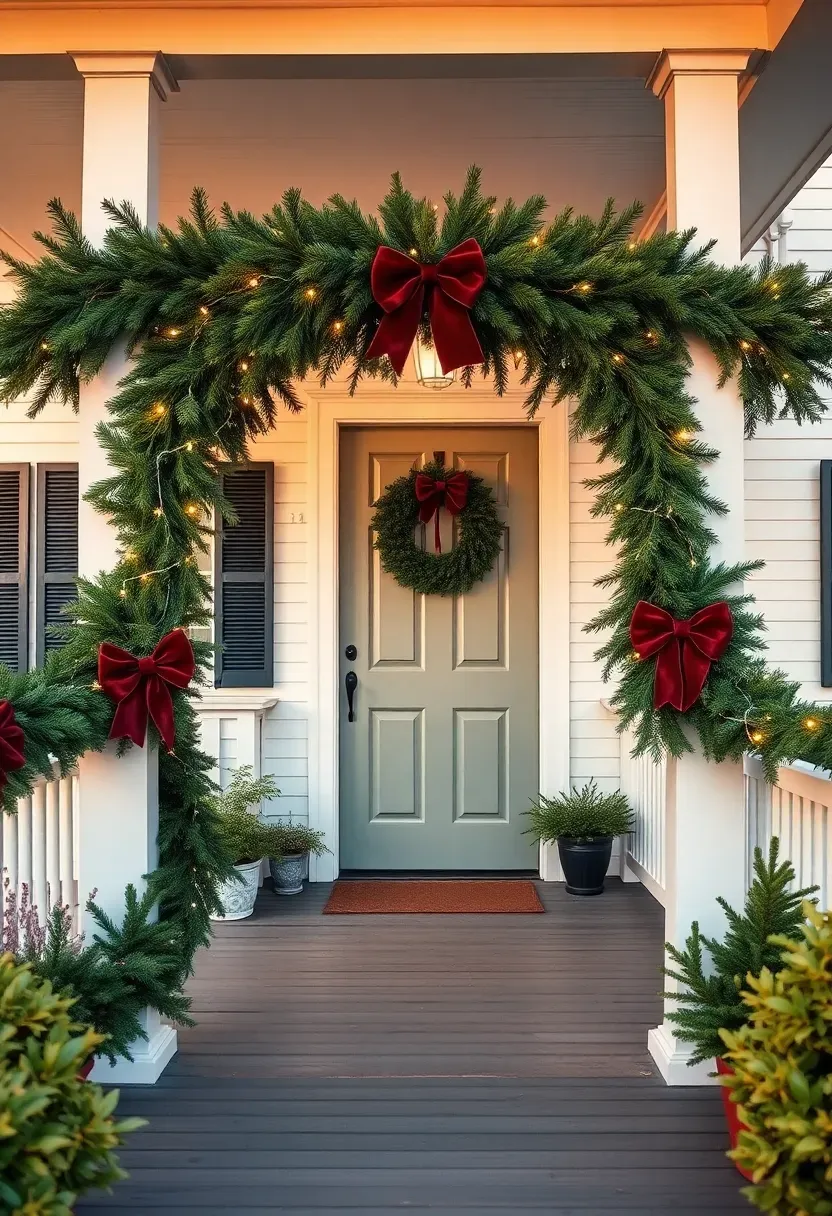 Hyper-realistic 3/4 view of a professionally draped swag and garland front porch Christmas display. Materials: abundant fresh pine and cedar garlands draped in graceful curves across all porch railings, wrapped around white columns, and framing the front door in an arch swag, large velvet bows at natural draping points, white mini lights woven throughout. Warm sunset light (4200K), painted wood porch floor, white colonial exterior with dark green shutters and columns. Professional decorator mood like White House Christmas display. Shallow depth of field, sharp details on needle textures and draping curves, abundant fullness composition. No text, no logos, no watermarks.</p>