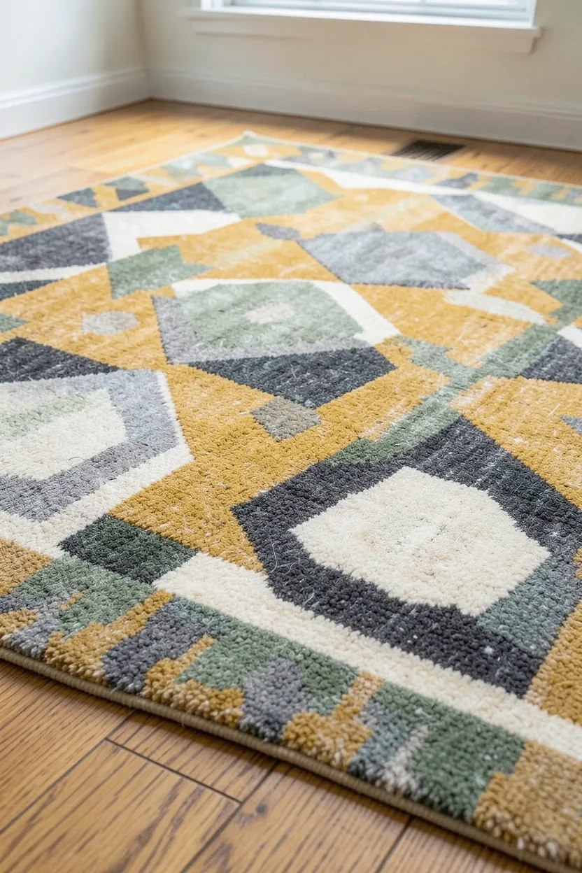 Flat-weave geometric wool rug in mustard yellow and charcoal gray anchoring a vintage Scandinavian living room seating area