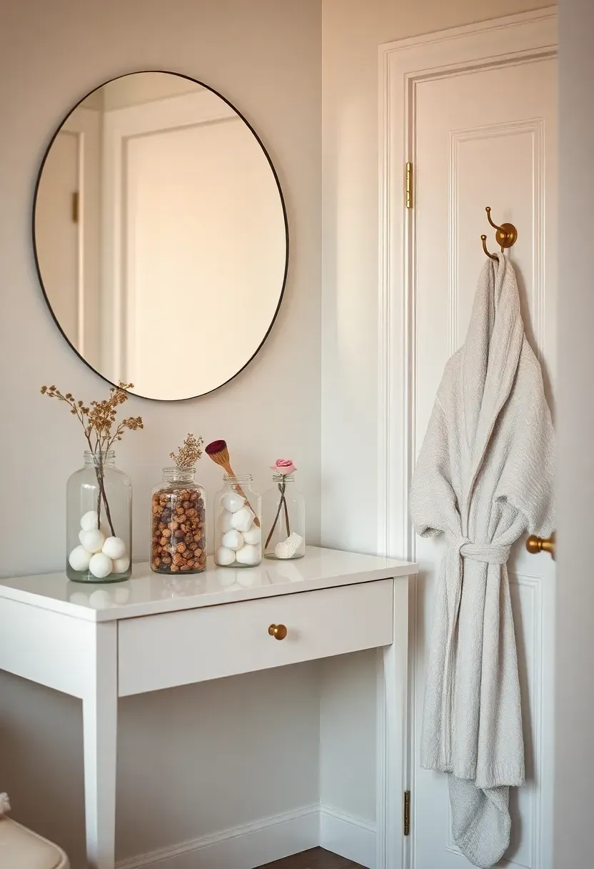 She shed spa and beauty retreat with white lacquered floating vanity, round frameless mirror, apothecary glass jars of cotton and dried roses, brass hooks, and terrycloth robe