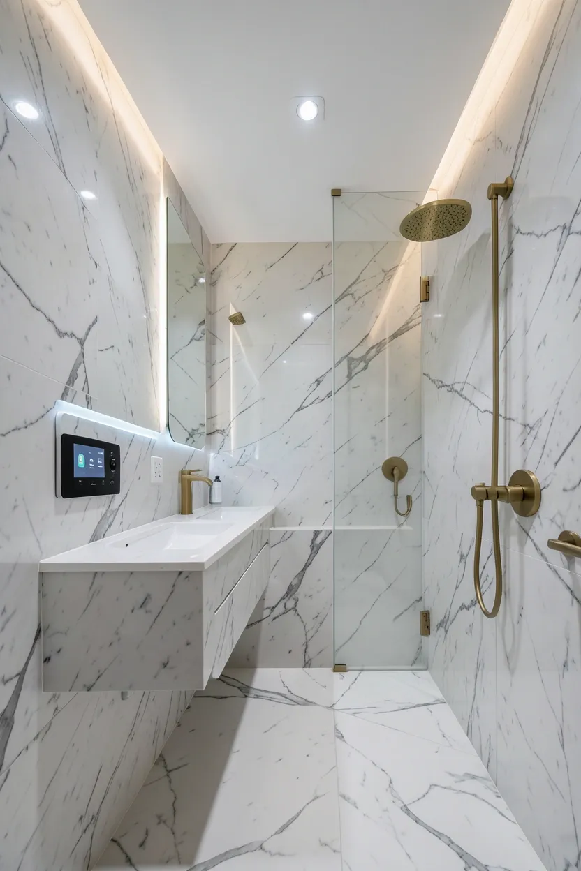 Smart home bathroom with touch-panel lighting controls, integrated speaker, and automated heated floor in a modern elegant design