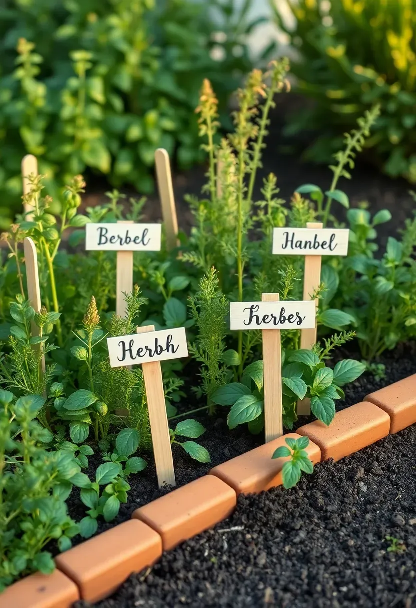 Mixed herb border with labeled stakes