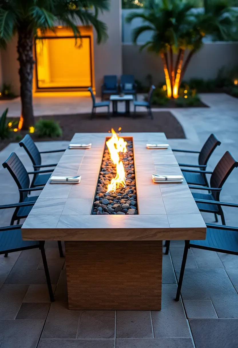 Hyper-realistic 3/4 view of a propane fire table showing a rectangular outdoor dining table with a central elongated fire trough running down the middle, with place settings on both sides and six modern dining chairs arranged around. Materials: ceramic tile or stone table surface with textured base, lava rock or fire glass media in fire trough, powder-coated aluminum dining chairs with weather-resistant cushions, travertine or concrete paver surface. Evening lighting with fire glow creating ambiance across table surface, luxury resort outdoor dining atmosphere. Place settings visible showing table's functional use. Sophisticated entertaining aesthetic. Shallow depth of field emphasizing fire table foreground with chairs and patio context beyond. No text, no logos, no watermarks.</p>