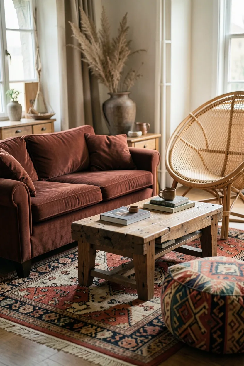 Eclectic bohemian furniture arrangement: vintage rust velvet sofa, low rattan peacock chair, handmade wooden coffee table, and Moroccan geometric pouf on layered rugs—mismatched pieces collected over time for a renter-friendly boho living room
