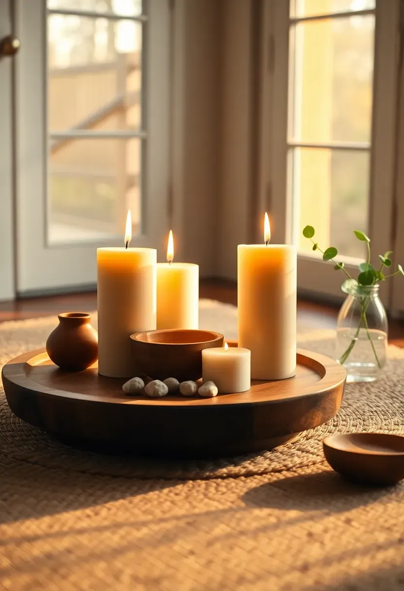 sunroom in late afternoon light with candles burning on a coffee table and soft ambient glow