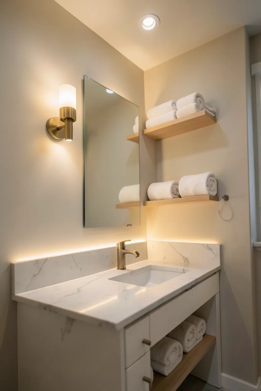 Cozy apartment bathroom with layered warm lighting — wall sconces flanking mirror, recessed ceiling light, and soft LED strips creating a spa-like ambiance