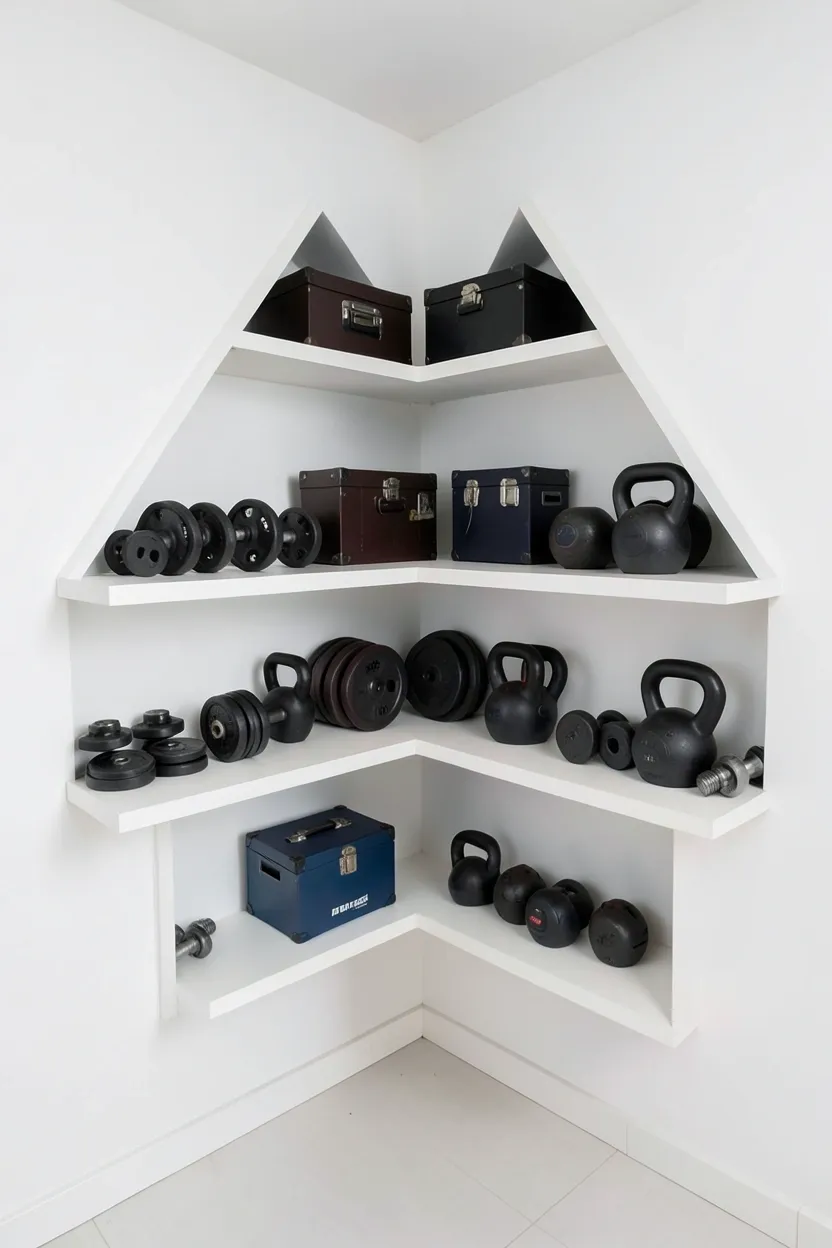 L-shaped corner shelves with tiered levels holding kettlebells and weight plates in a small gym corner
