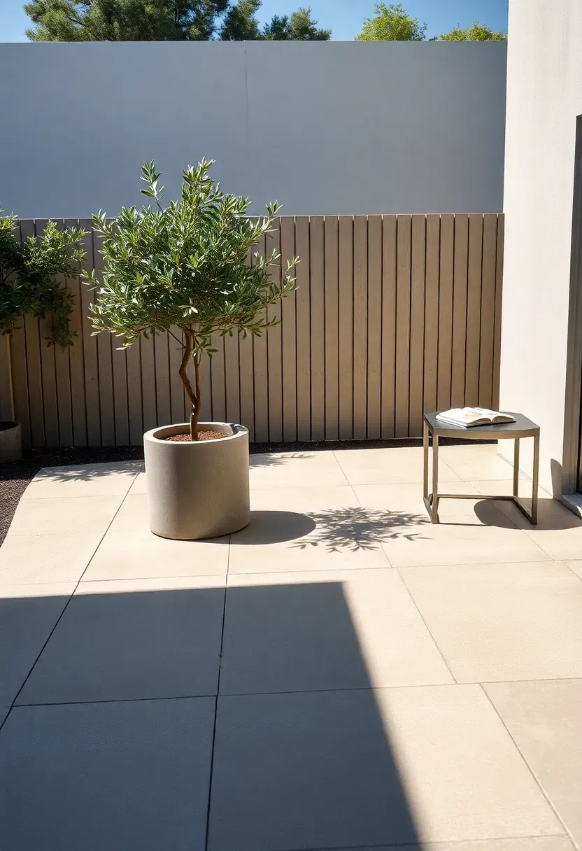 A clean modern backyard with smooth poured concrete flooring featuring geometric saw-cut control joints