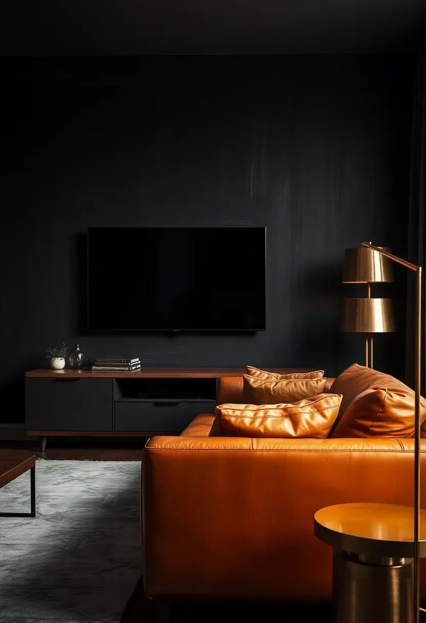 Moody living room with rich black limewash paint on the accent wall behind a TV with a warm-toned leather sofa and brass floor lamp