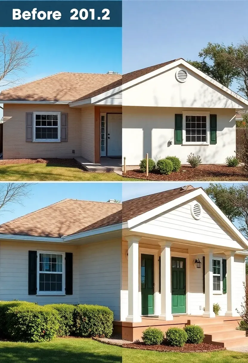 Before showing a ranch home with single-color beige exterior and after with a two-tone paint scheme of white body and dark olive trim