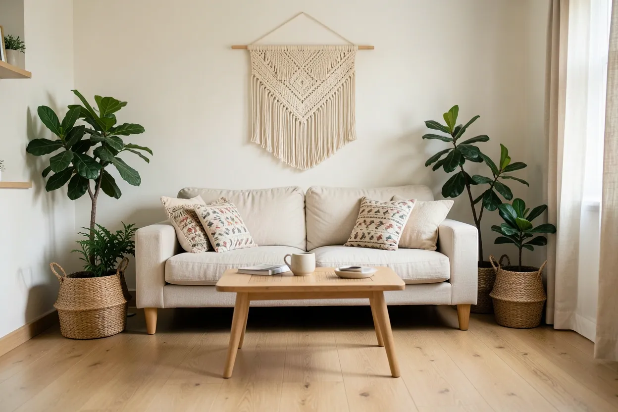 Bright Scandinavian boho living room with light oak floors, cream linen sofa, woven jute rug, rattan chair, and macramé wall hanging — cozy rental apartment