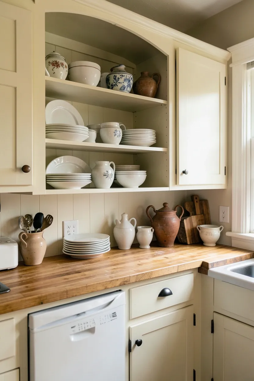 Open shelving display in a small farmhouse kitchen with white dinnerware, wooden cutting boards, and vintage enamelware