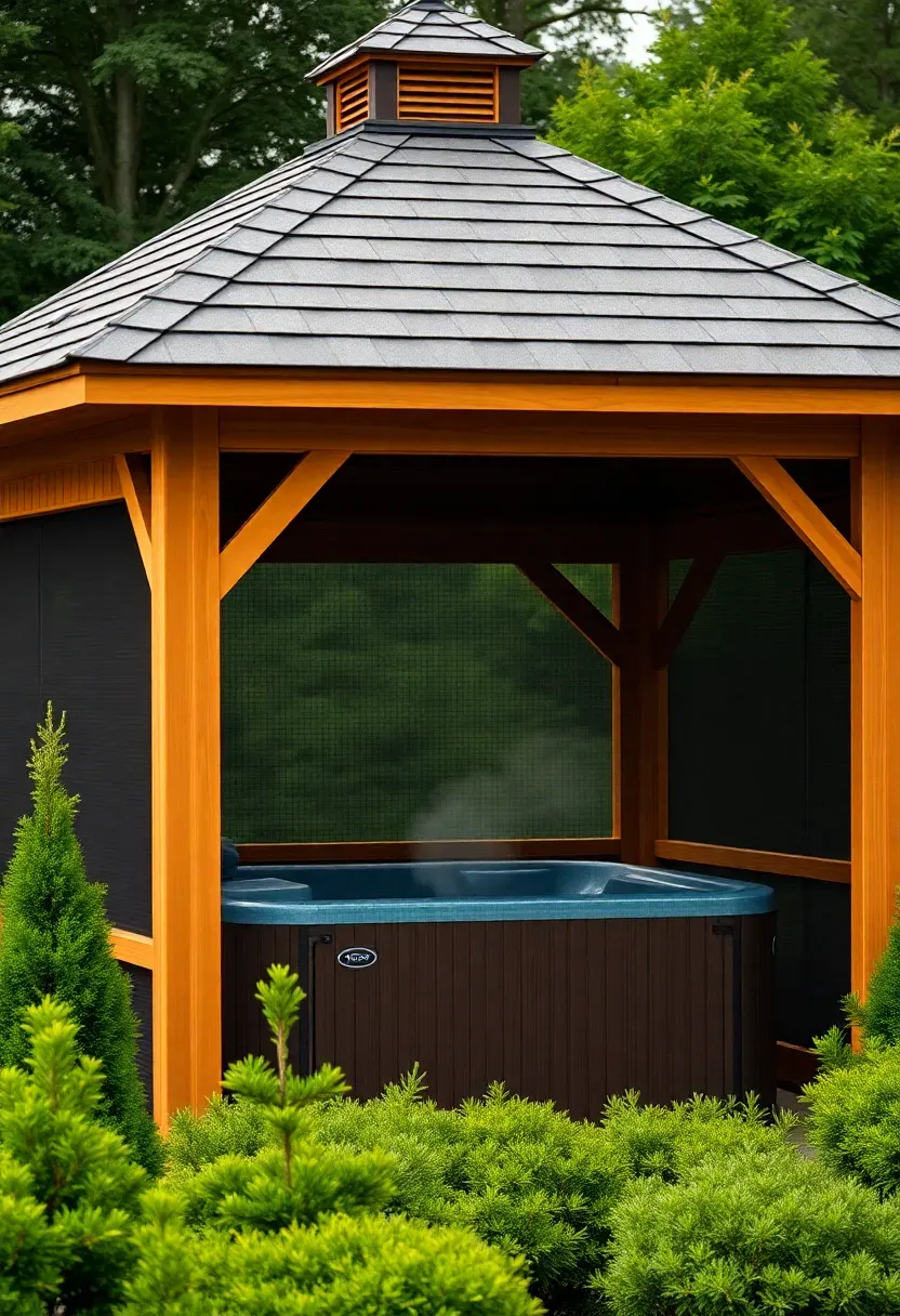 A cedar wood gazebo enclosing a hot tub with screened walls and a peaked roof surrounded by evergreen landscaping