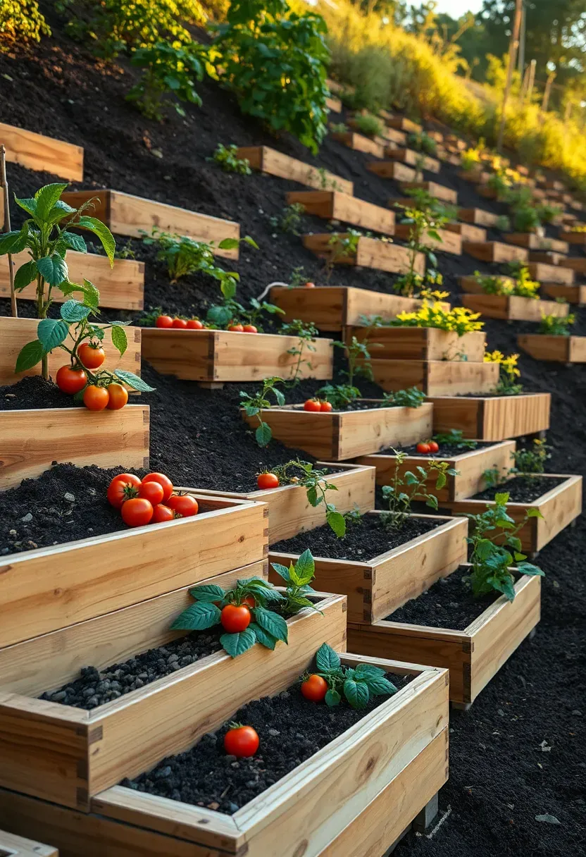 Multiple stepped raised garden beds built into a steep backyard hillside, constructed from treated timber, planted with colorful vegetables cascading down the slope