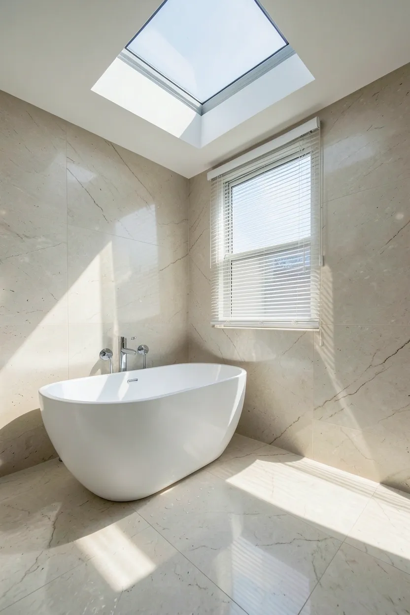 Bathroom skylight flooding a calm white space with natural overhead light above a freestanding soaking tub