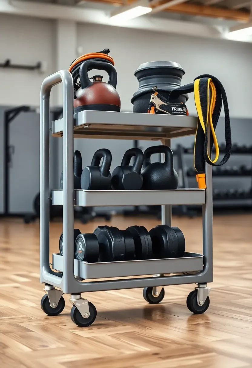 Rolling equipment cart with hooks in a home gym holding dumbbells, resistance bands, jump ropes, and water bottles on tiered shelves