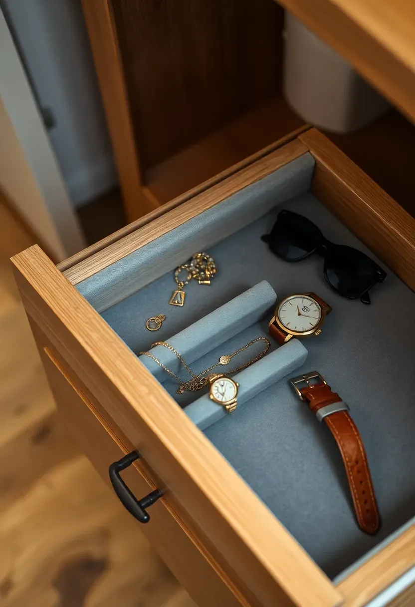 pull-out wooden tray accessories organizer inside attic cabinet, velvet-lined compartments for jewelry and small items