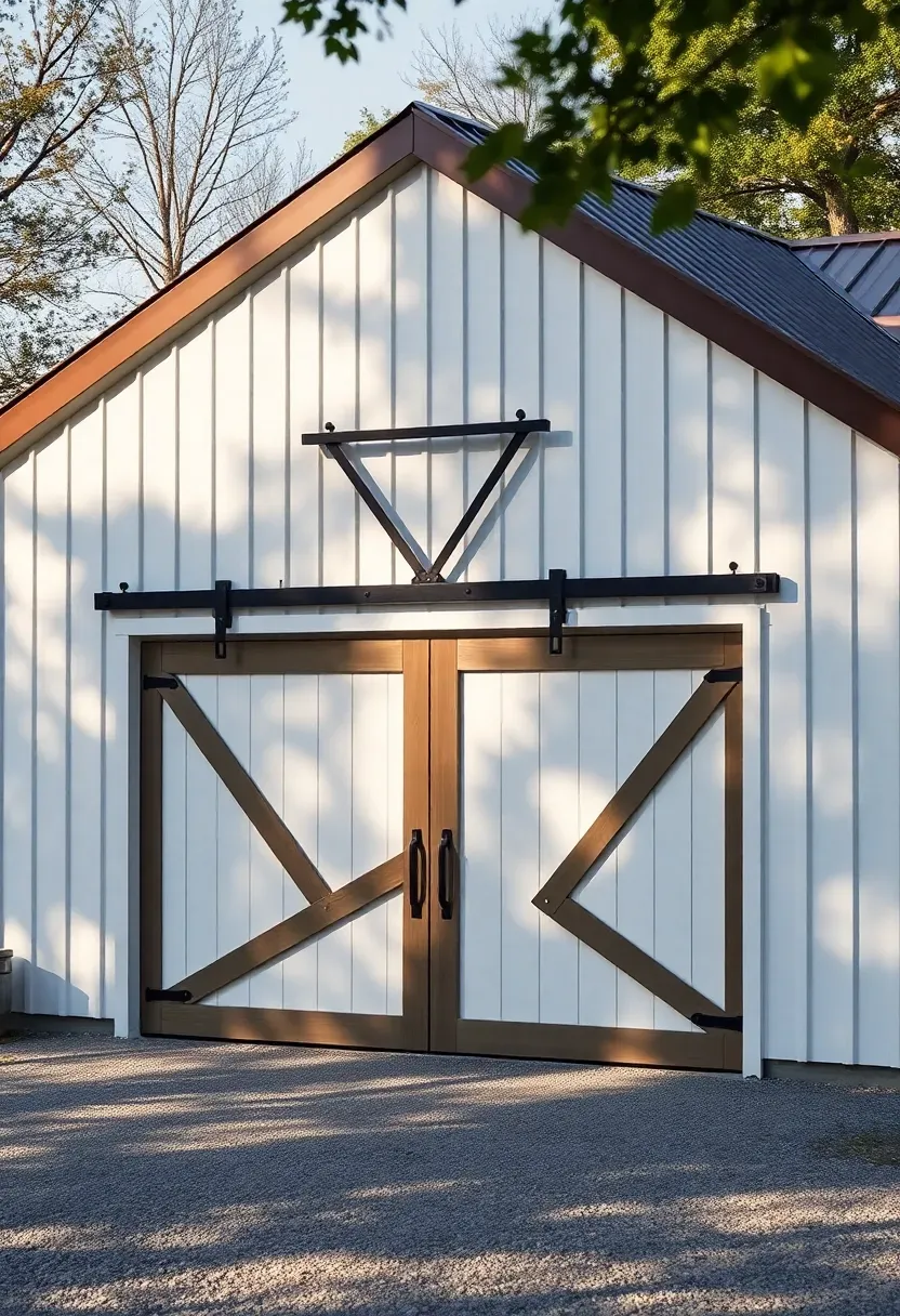 Farmhouse barn-style attached garage with X-brace barn doors, board-and-batten siding, and metal roof