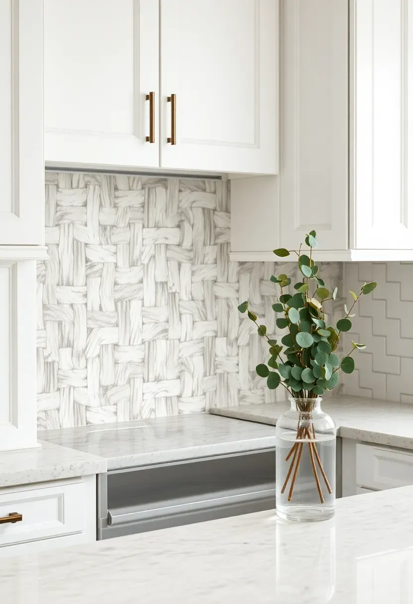 basketweave marble mosaic backsplash in white and gray tones with white cabinets and light granite countertops