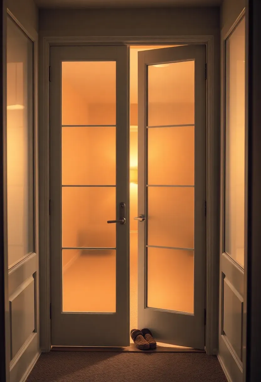 Double French doors with frosted glass panes leading into a finished basement living area with warm lighting