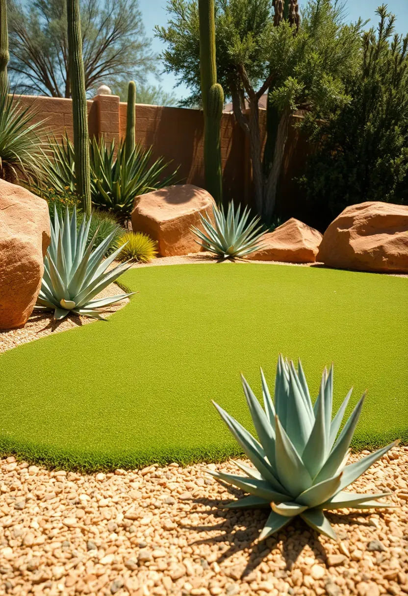 Putting green in a desert backyard with decomposed granite ground cover and drought-resistant plants and cacti around the edges