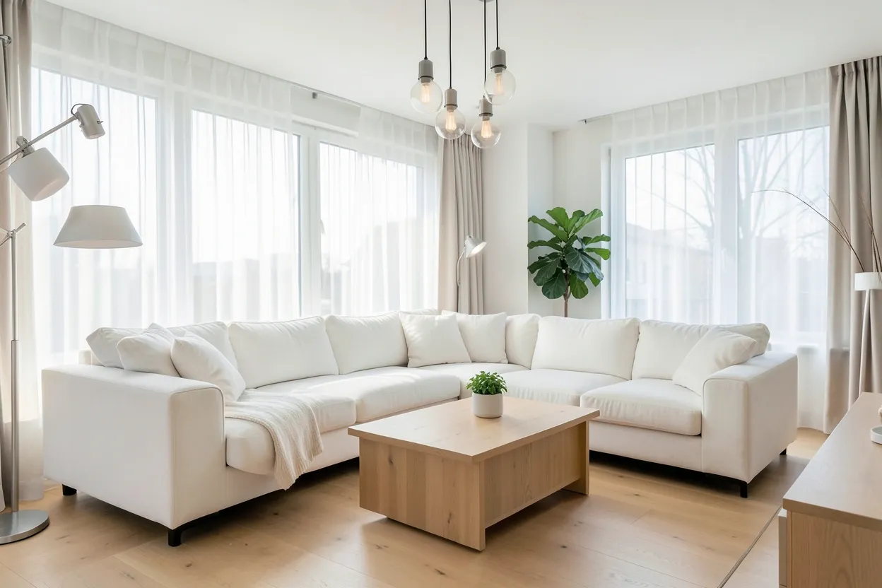 Bright modern Scandinavian living room with white walls, light oak furniture, neutral linen sofa, layered textiles, and cozy hygge accents in a small apartment