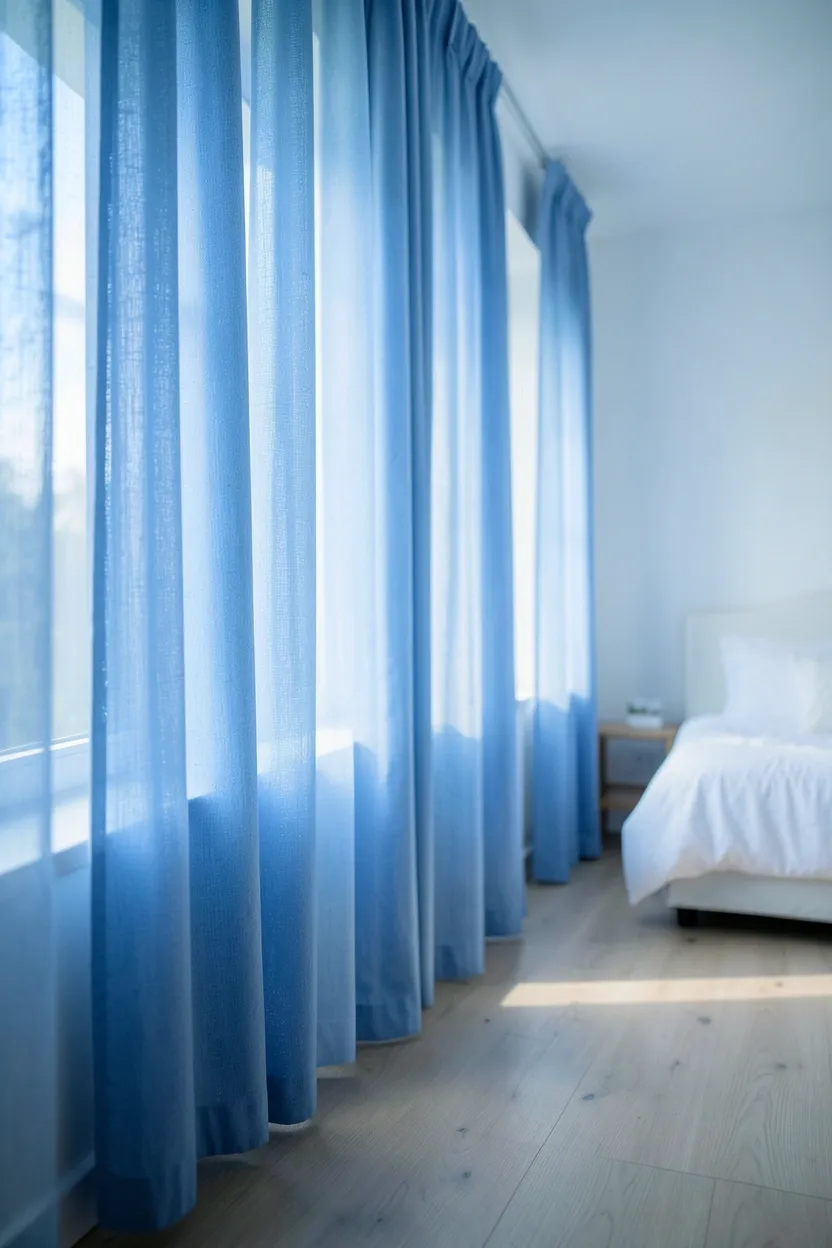 Hyper-realistic eye-level photograph of floor-to-ceiling serene blue sheer curtains framing large bedroom window. Morning light filtering through creating soft blue glow, white walls, glimpses of white bed in background, light oak floor. Materials: sheer blue fabric curtains with subtle shimmer, white walls, cotton white bedding, oak flooring. Bright morning light with blue tint, ethereal peaceful atmosphere. Shallow depth of field, sharp details on curtain fabric, balanced composition showing window and room. No text, no logos, no watermarks.</p>