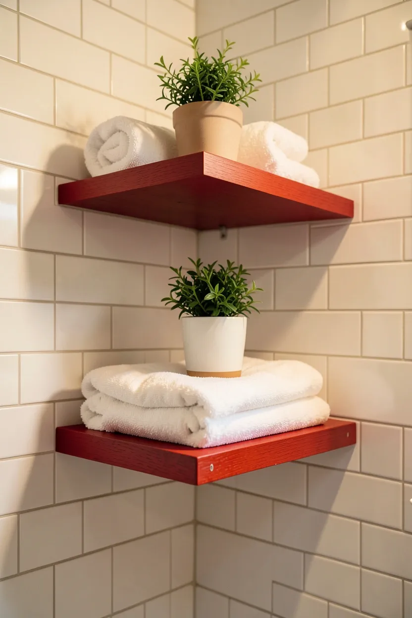 Red Floating Shelves with White Tile