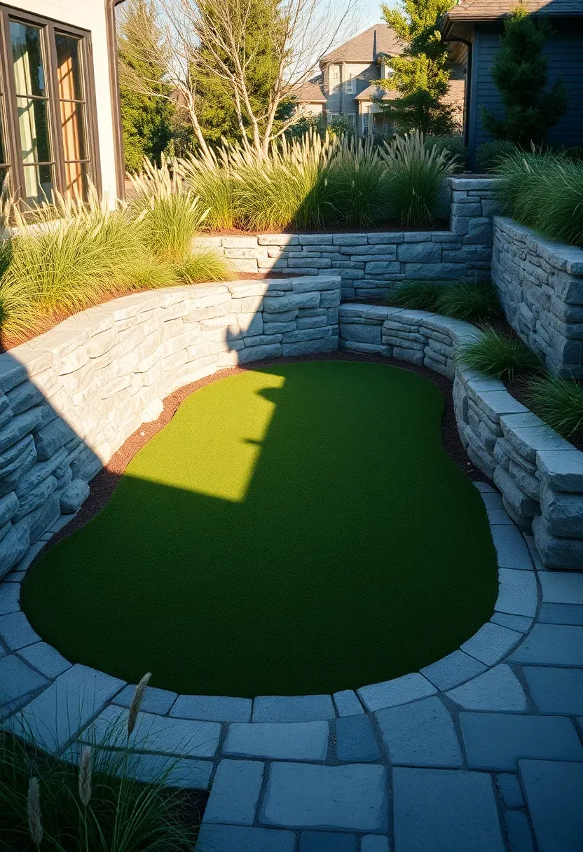 Sunken putting green below patio level bordered by stacked natural stone walls and ornamental grasses