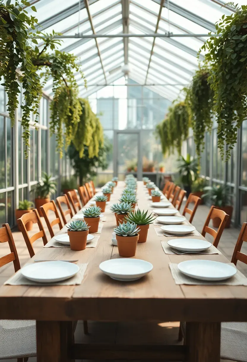 greenhouse baby shower with lush tropical plants hanging ferns and wooden farm table