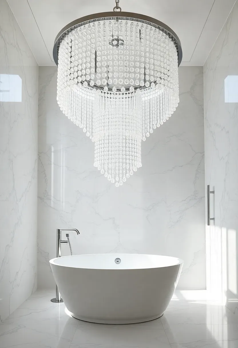 Cascading crystal raindrop chandelier with hundreds of hanging crystal strands in a luxurious white marble bathroom