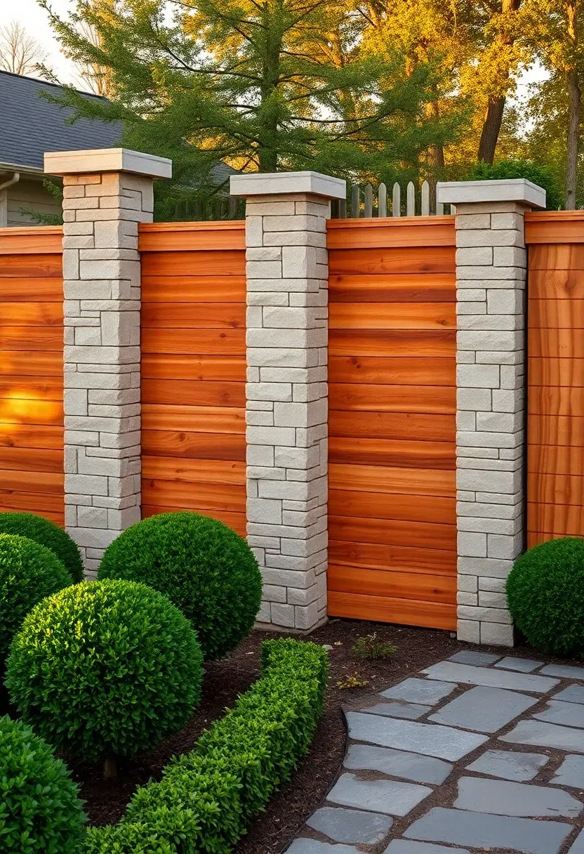 Fence with natural stone base columns and horizontal wood plank panels between pillars in an upscale backyard