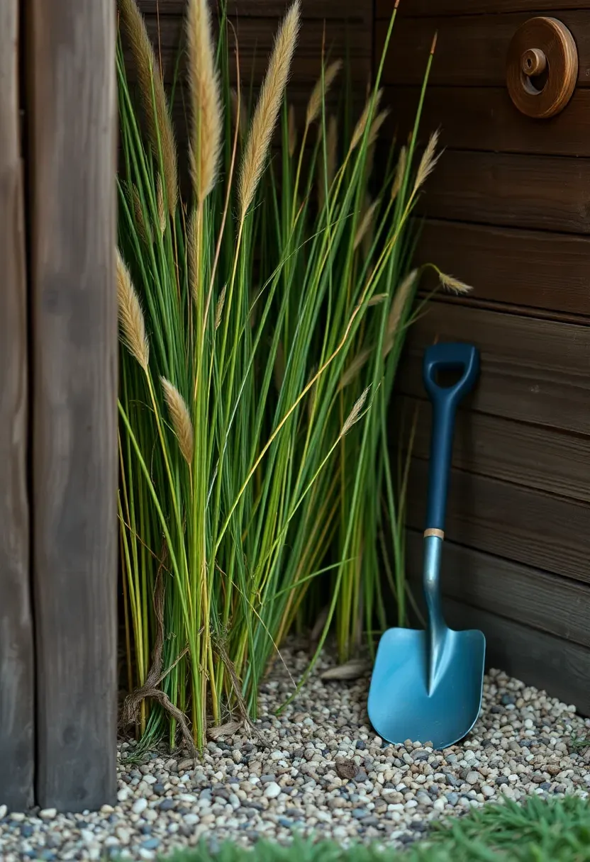 Compost nook screened by tall grasses