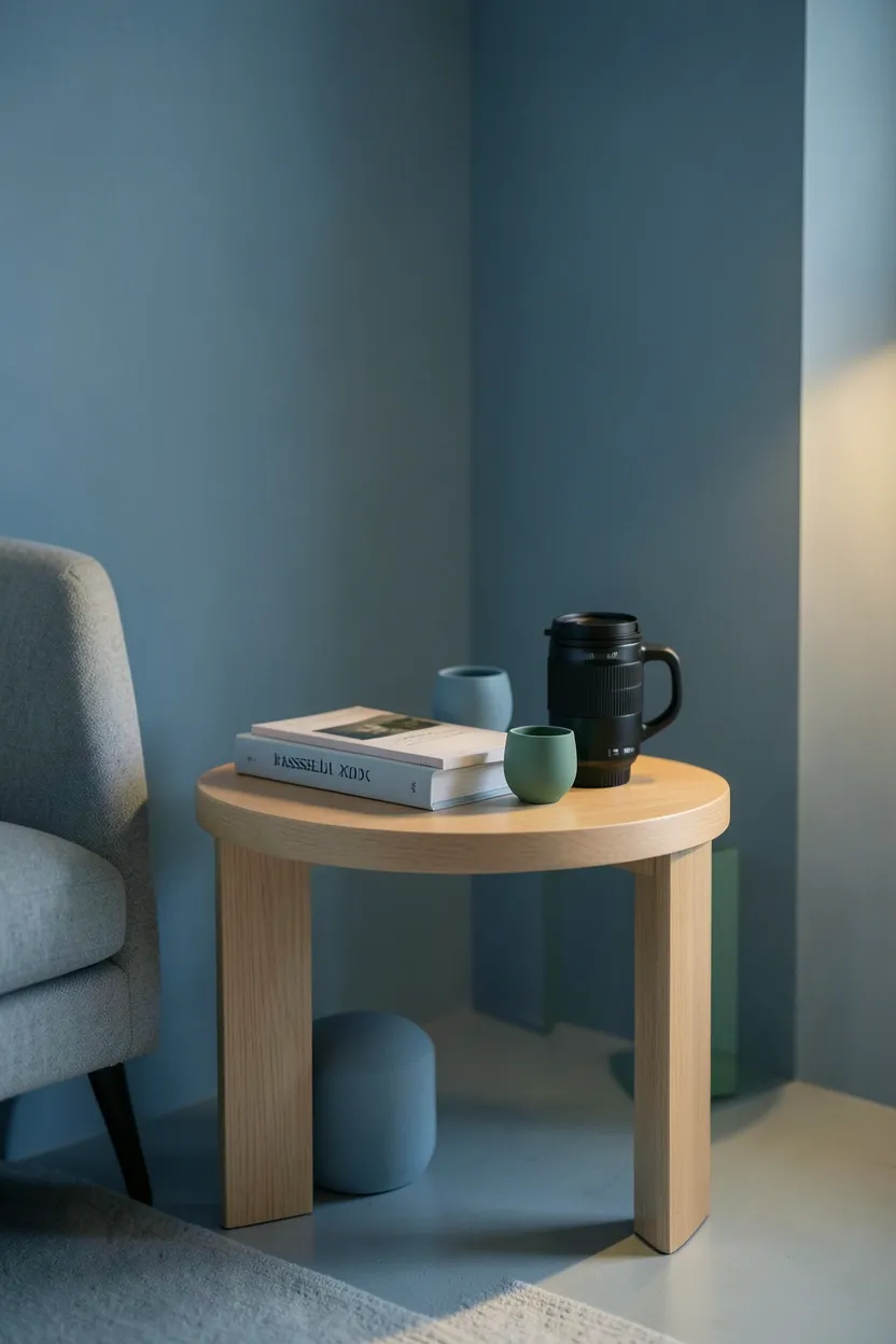 Three potted green plants at varying heights in a blue-toned minimalist living room with white ceramic pots and sheer curtains
