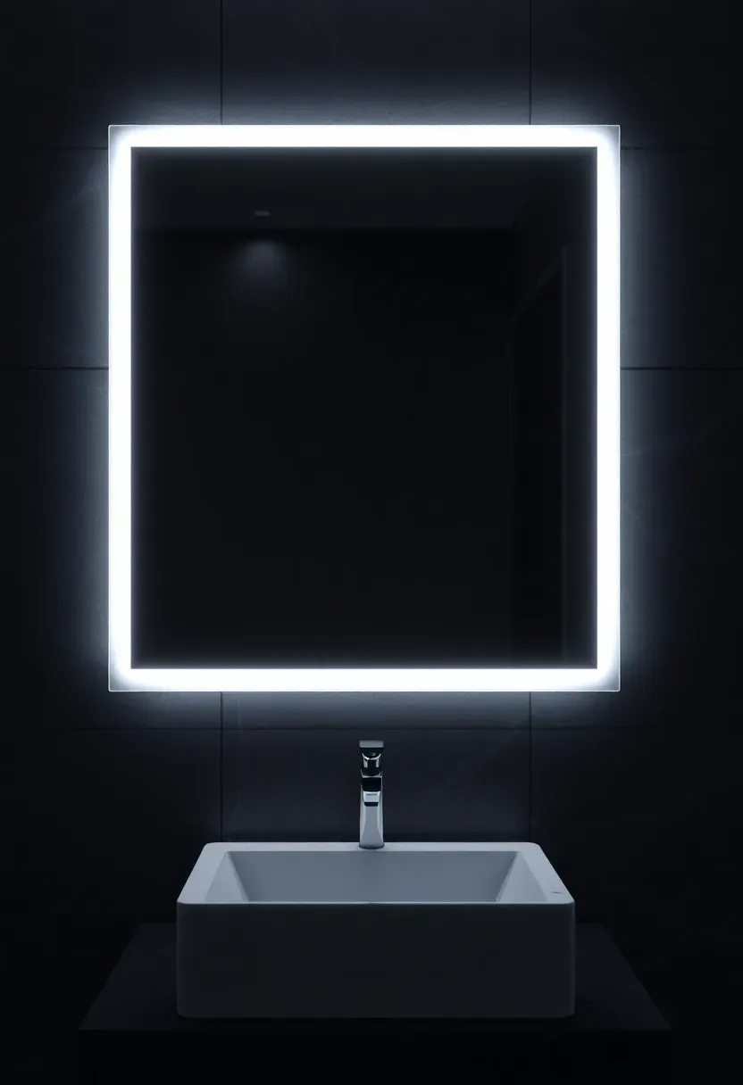 Sleek frameless rectangular bathroom mirror with integrated LED backlight glow on all four edges, illuminating a dark stone vanity wall