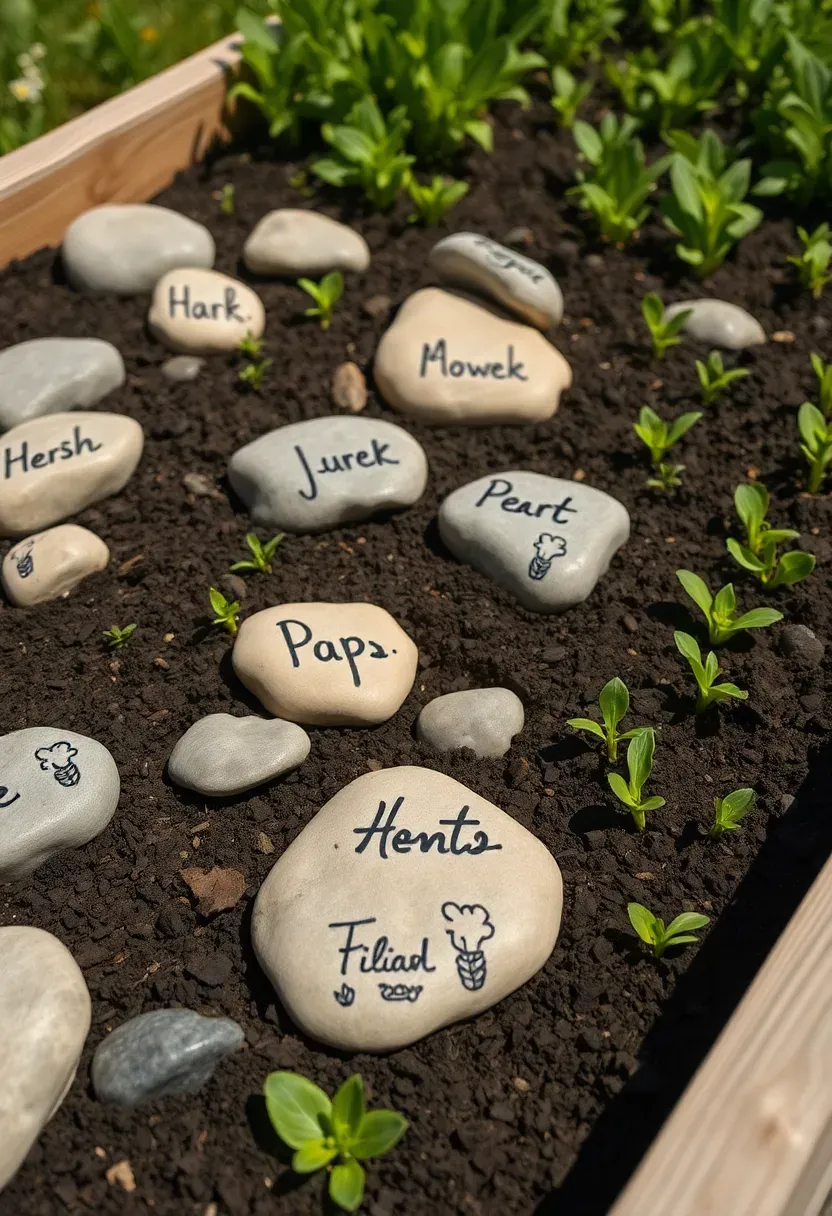 painted river rocks with herb names and small botanical illustrations used as garden row markers in a vegetable bed
