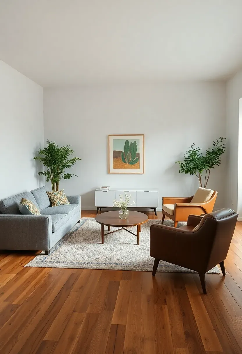 Hyper-realistic wide view of minimalist living room with asymmetric furniture arrangement. Materials: gray linen sofa positioned left of center, two mismatched armchairs on right—one leather one upholstered, coffee table offset from rug center, art hung off-axis above sofa. White walls, oak floor. Soft ambient light showing intentional imbalance. Dynamic movement through asymmetric placement.</p>