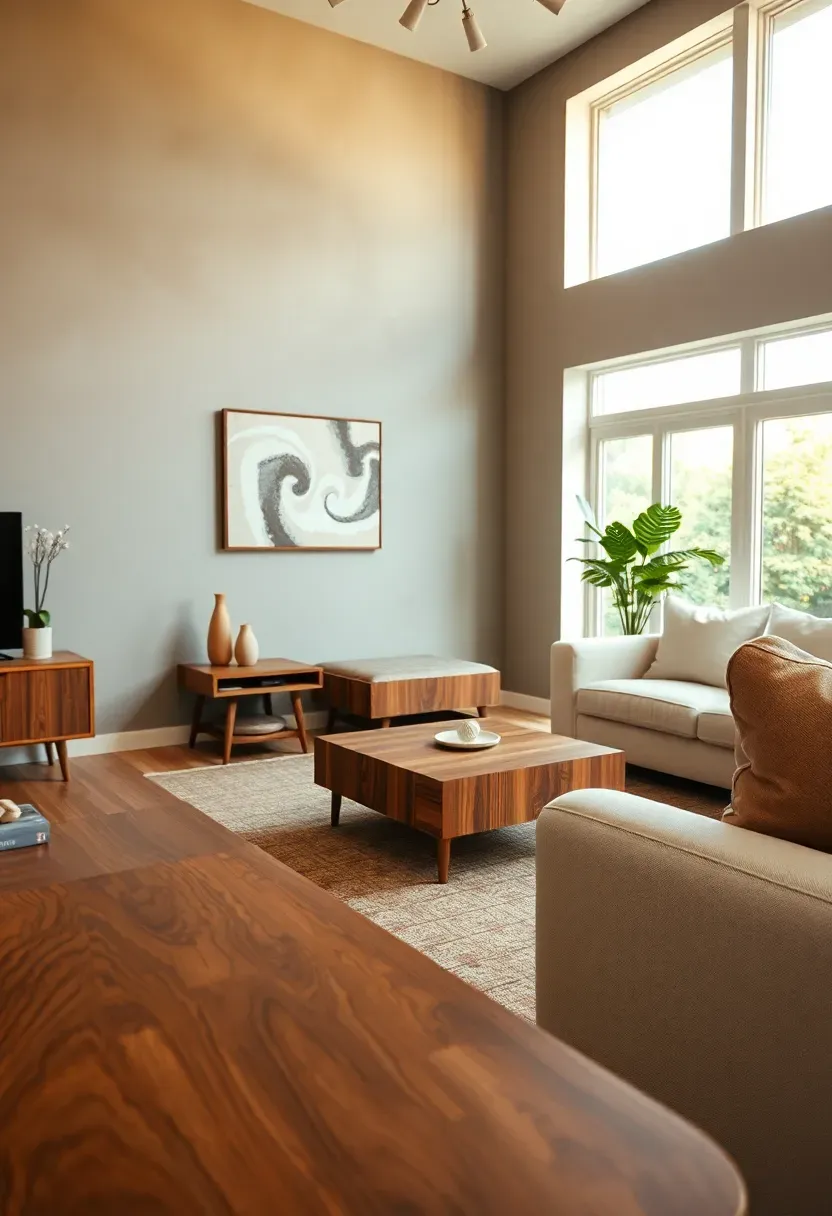 Hyper-realistic 3/4 view of an earthy modern living room featuring warm gray plaster walls with subtle brown undertones, walnut furniture including coffee table and side table.