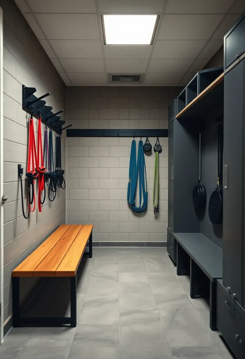 Mudroom repurposed as a home gym equipment drop zone with bench seating, wall-mounted weight hooks, and durable tile flooring