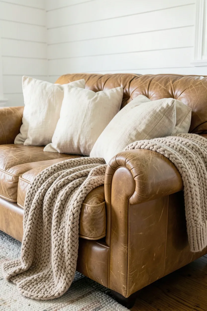 Worn cognac leather sofa with chunky knit throw blanket and neutral pillows in a farmhouse living room