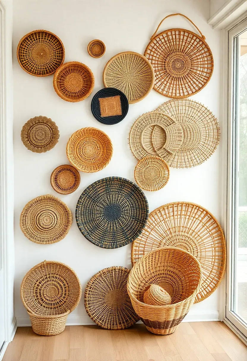 Wall arrangement of woven baskets in varying sizes and textures in a sunny outdoor room
