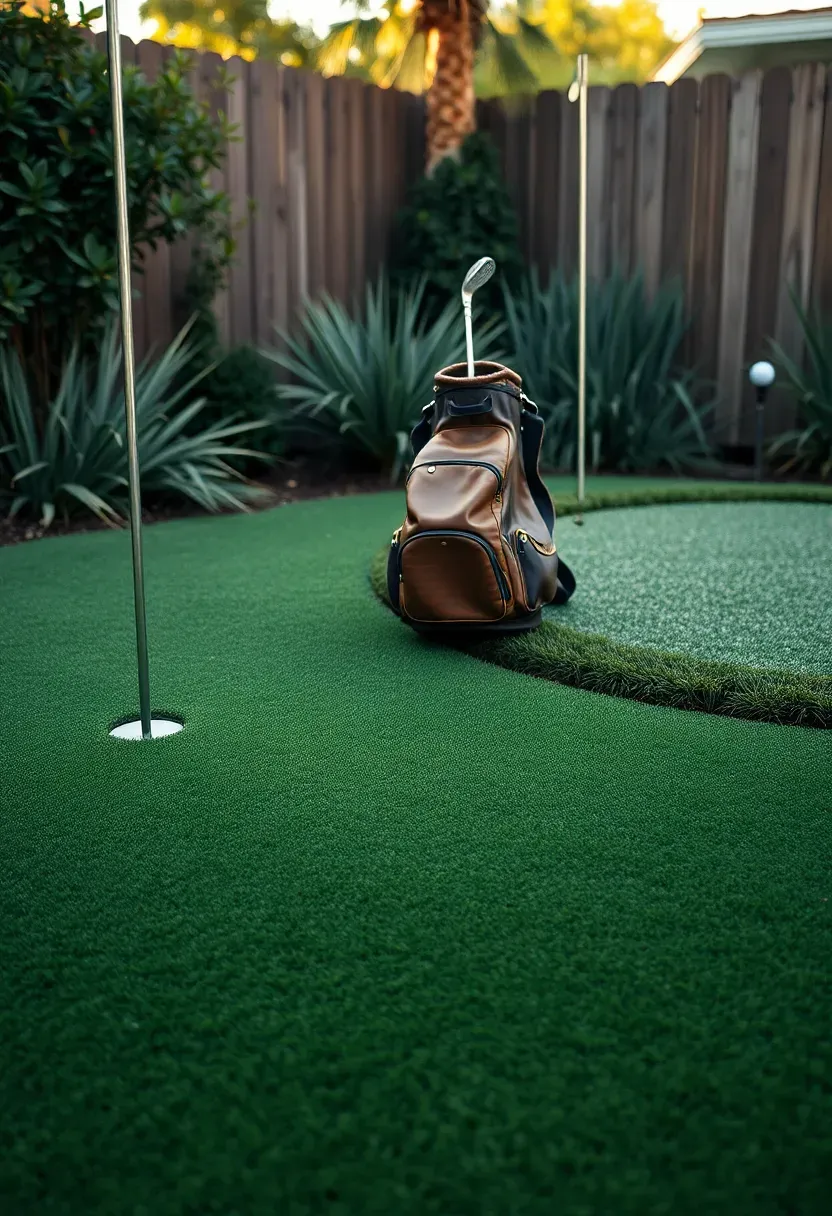 Backyard putting green with an adjacent chipping zone featuring longer turf and a practice sand wedge area